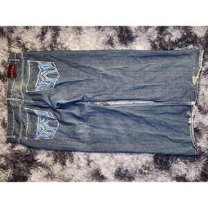 Y2k Sacred Crown Mens Dark Wash Blue Pocket Design Baggy Tall Jeans 44 Waist vtg